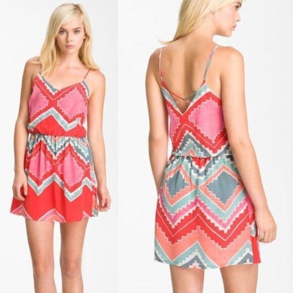 Myne Dresses & Skirts - Myne 100% Silk Aztec Printed Mini Sheath Dress in Pink Red‎ Women's Size Small